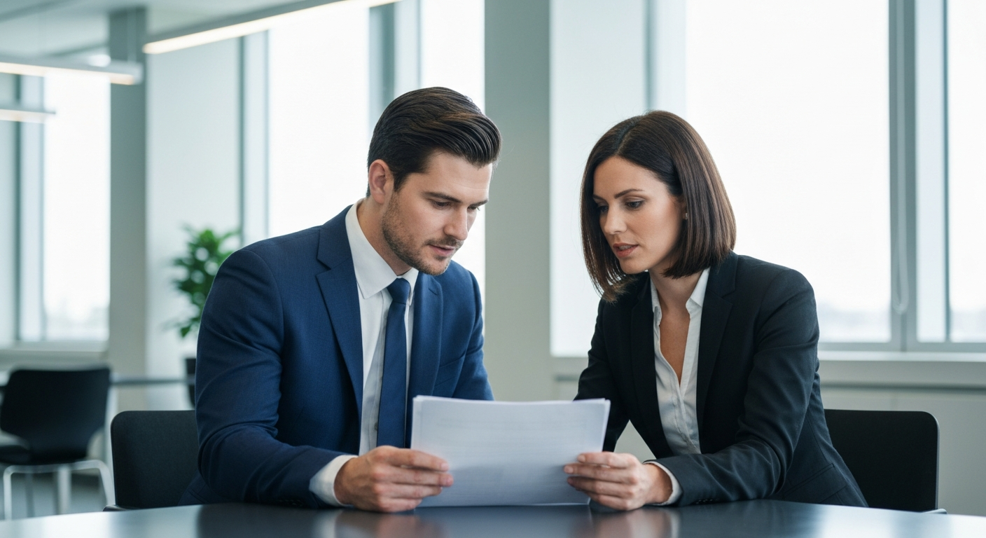 Business partners reviewing corporate tax position with T.U.A