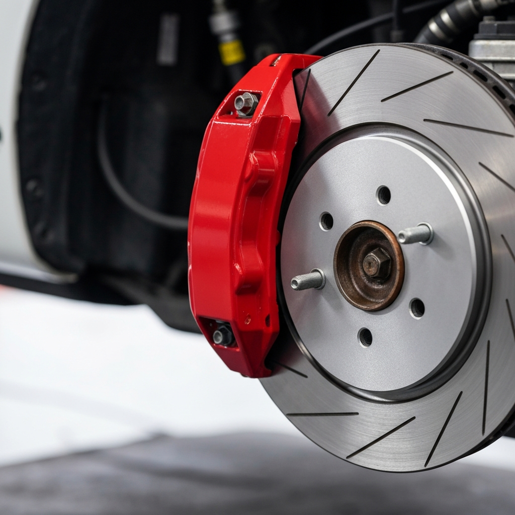 Brand new brake rotor and caliper after replacement