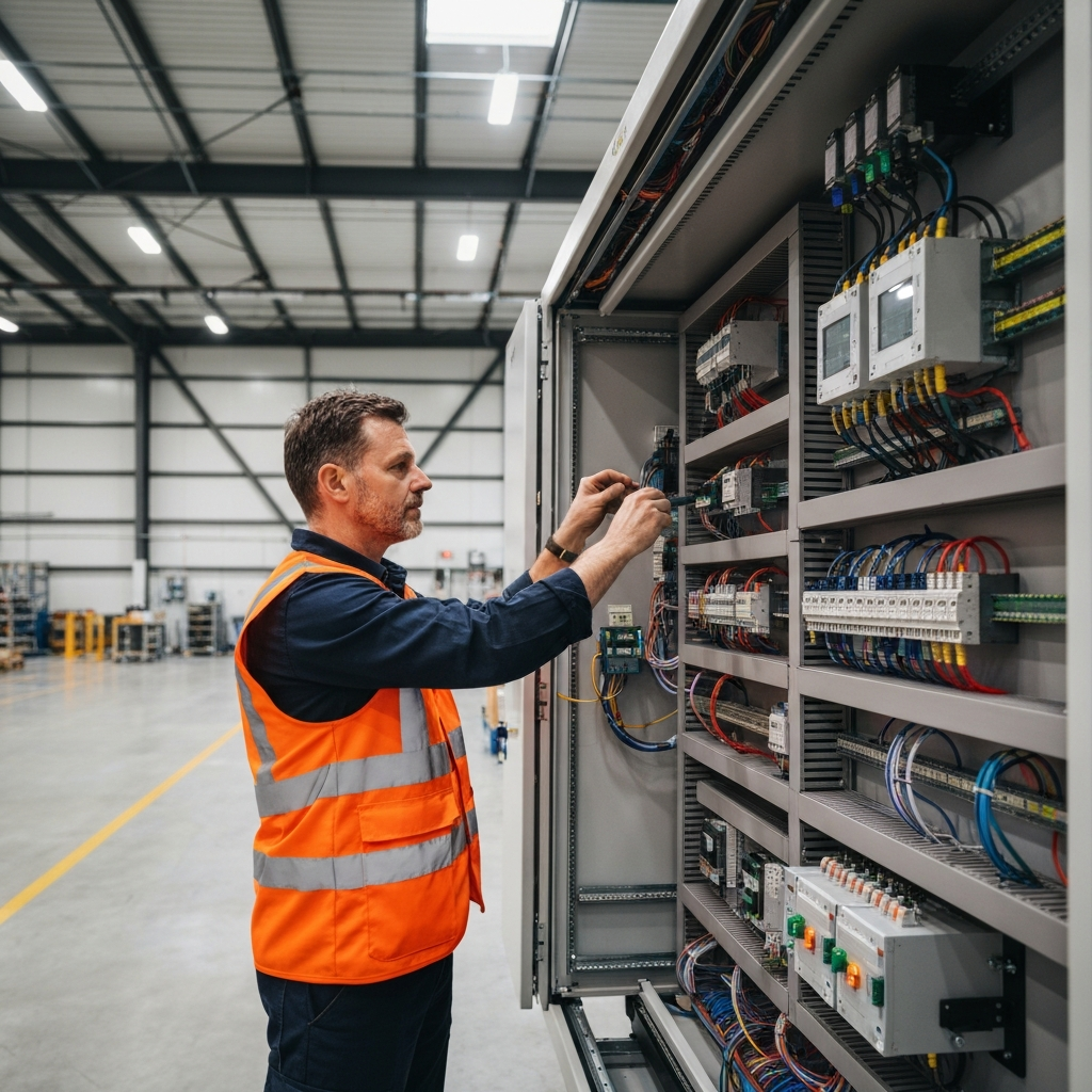 Electrician working on industrial panel