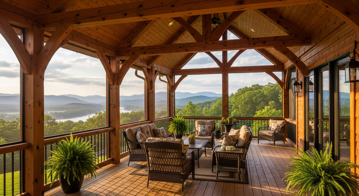 Beautiful completed deck with timber frame details