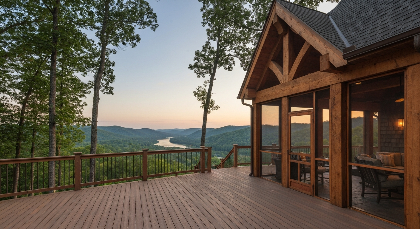 Completed timber frame deck with mountain view