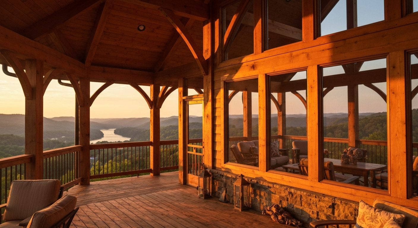 Stunning completed timber frame deck with mountain views at golden hour