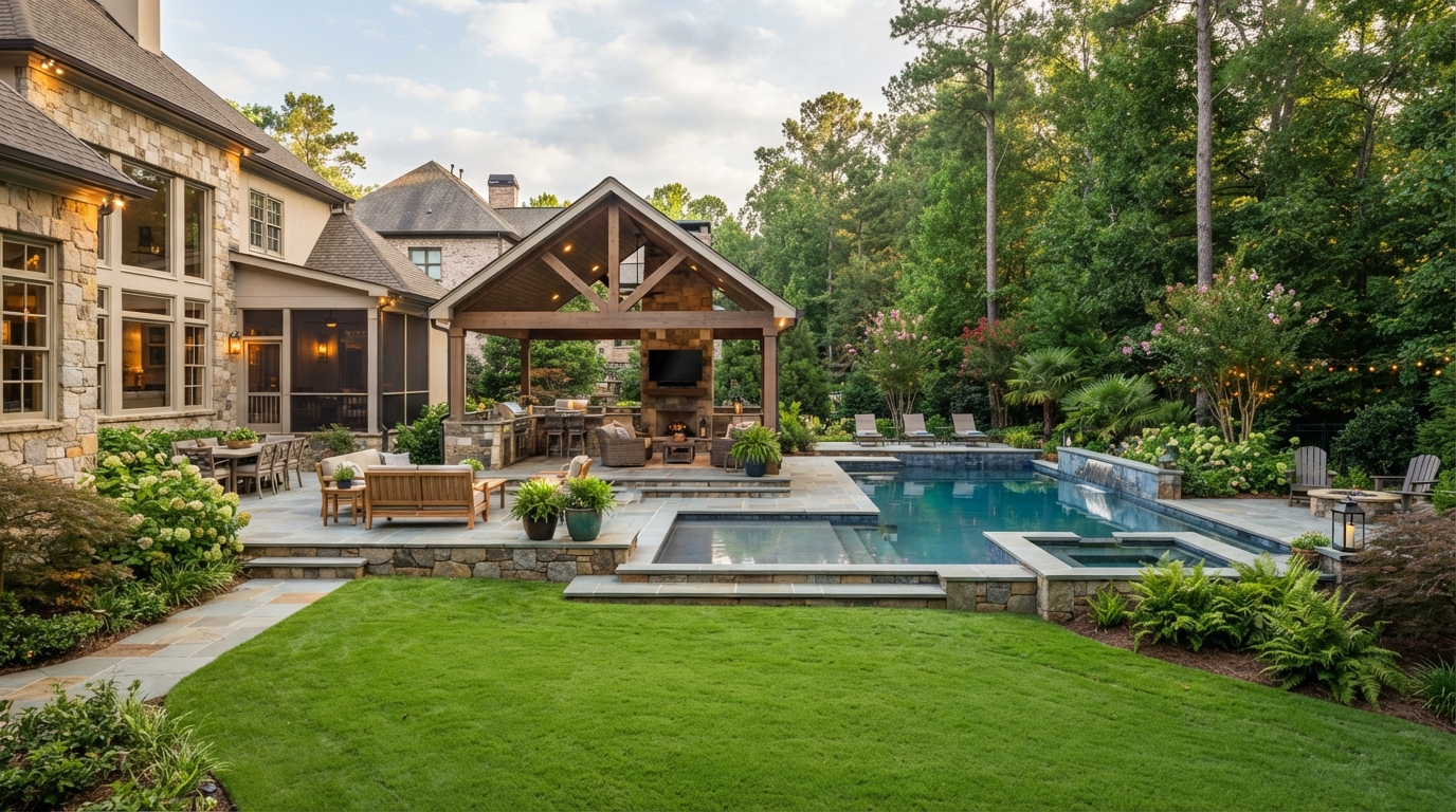 Landscaped backyard with sod and outdoor living space in Atlanta