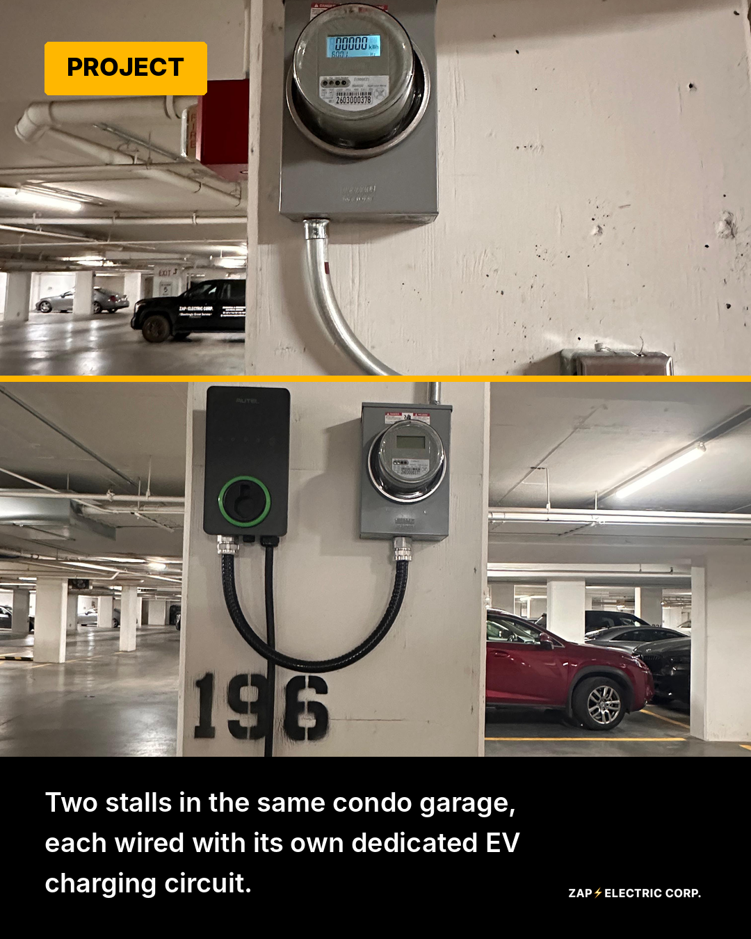 Two dedicated EV charging stalls with check meters in a condo parkade