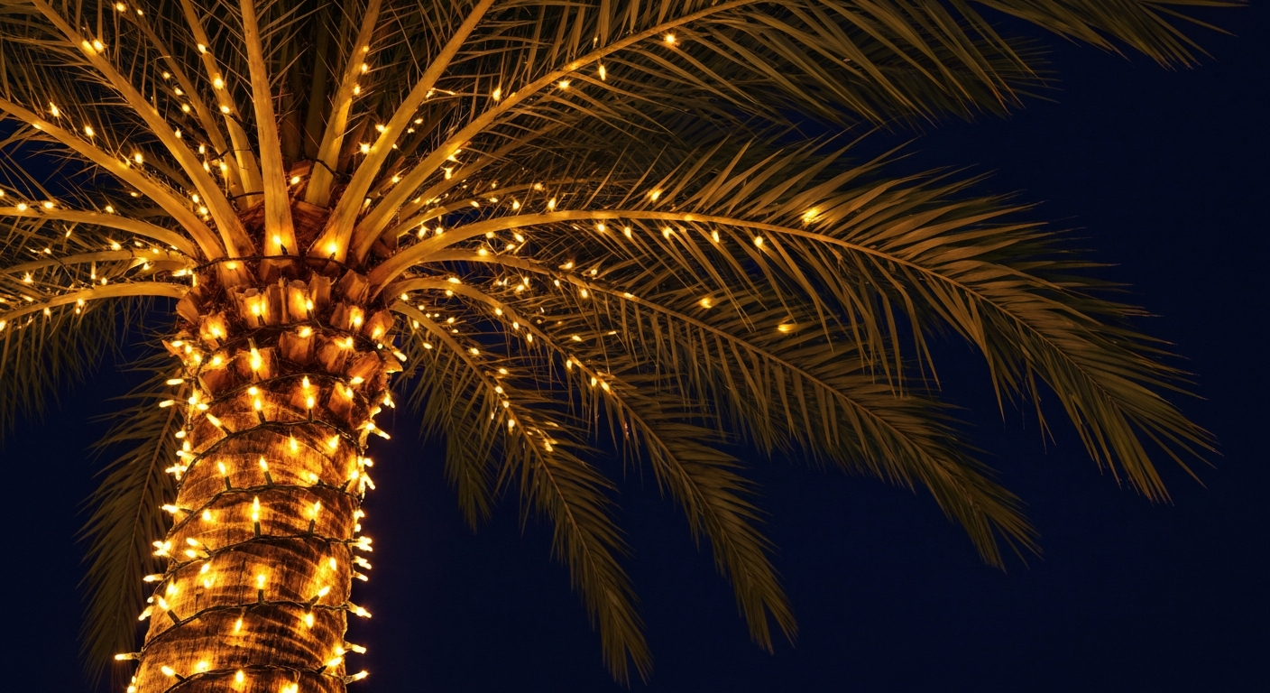 Beautifully wrapped palm tree with commercial-grade Christmas lights in Parrish, FL
