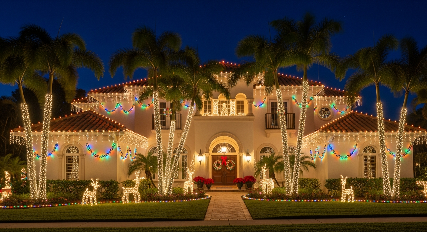 Professional residential holiday lighting installation on a Florida home in Parrish, FL
