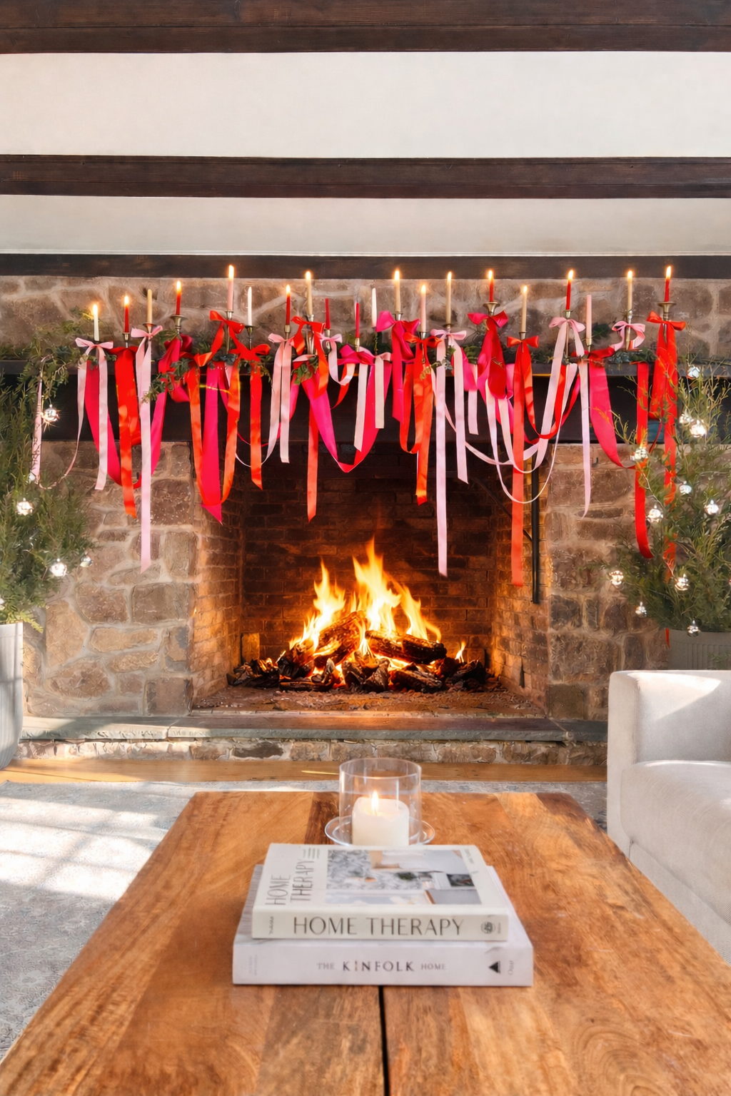 Hearth ribbon and candlelight holiday floral gift arrangement