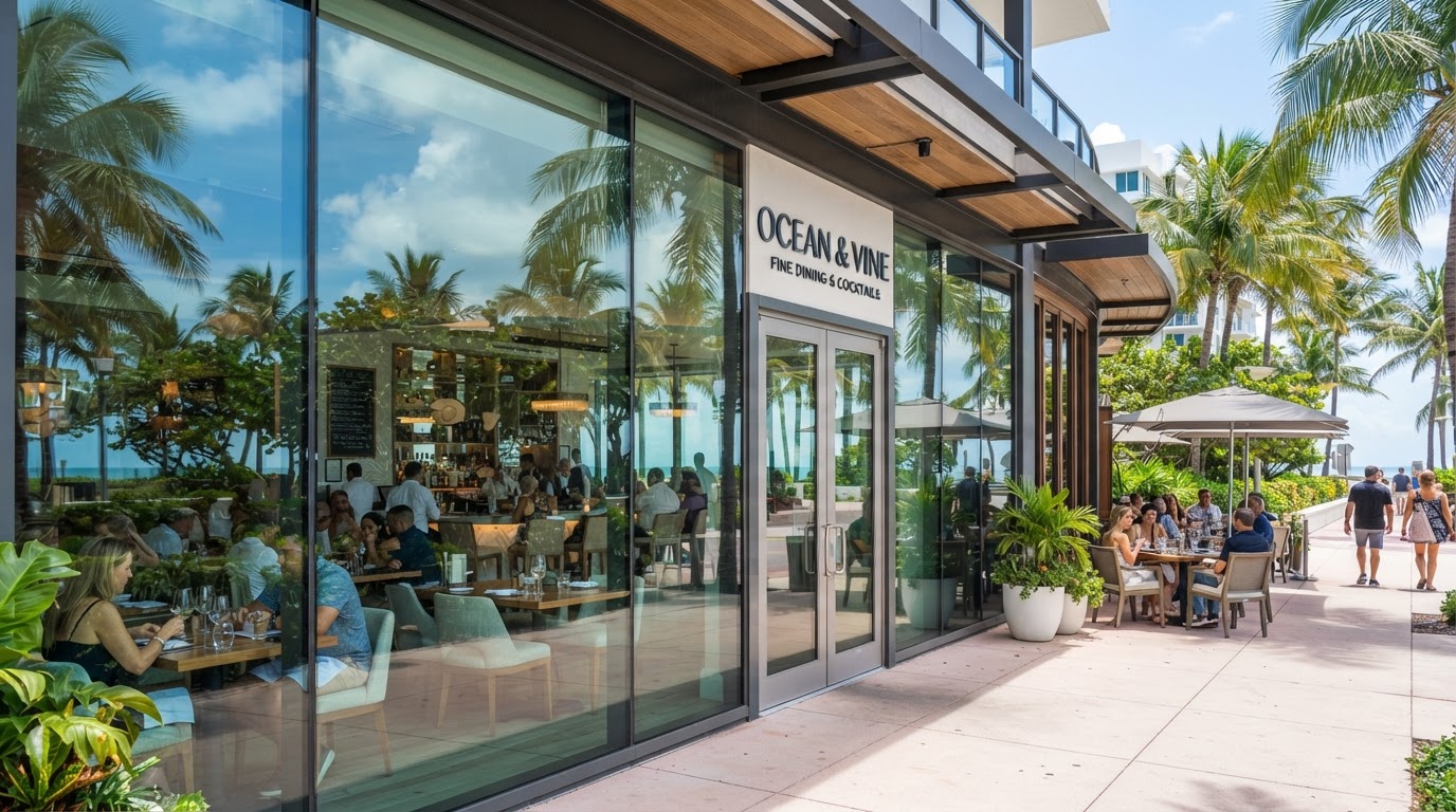 Sparkling clean restaurant storefront windows in South Florida after professional cleaning