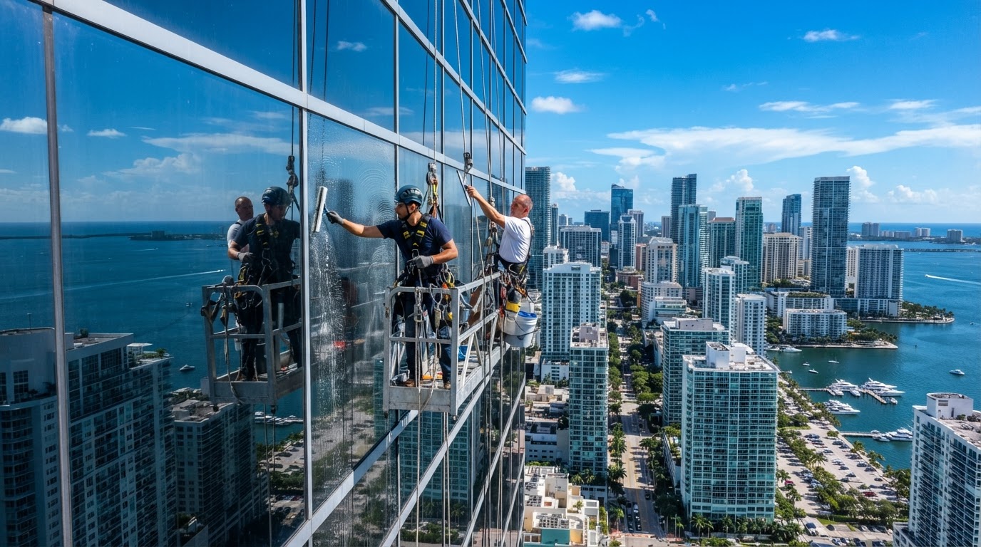 Professional high-rise window cleaning crew cleaning the exterior glass of a modern Miami skyscraper