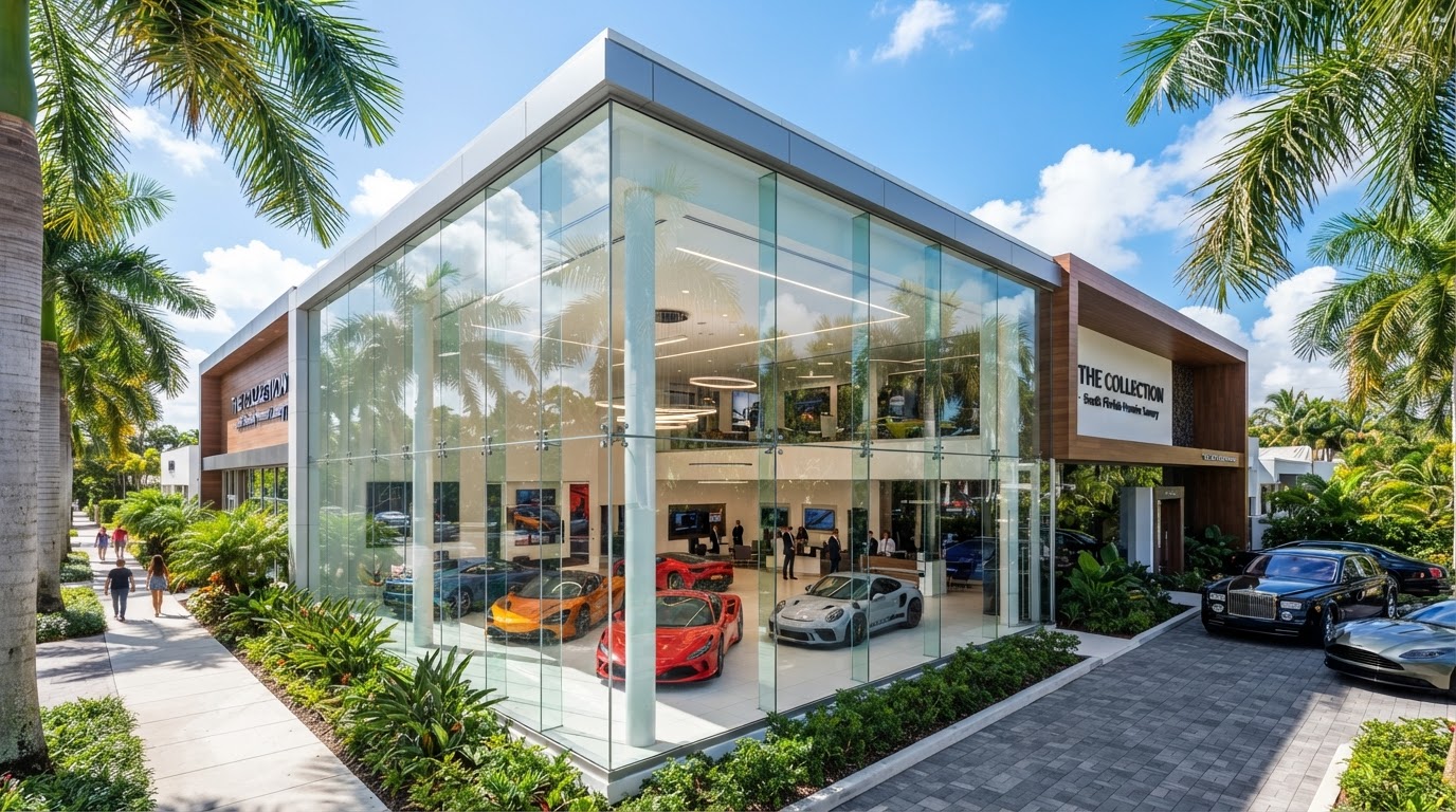 Luxury car dealership showroom in South Florida with sparkling clean floor-to-ceiling windows