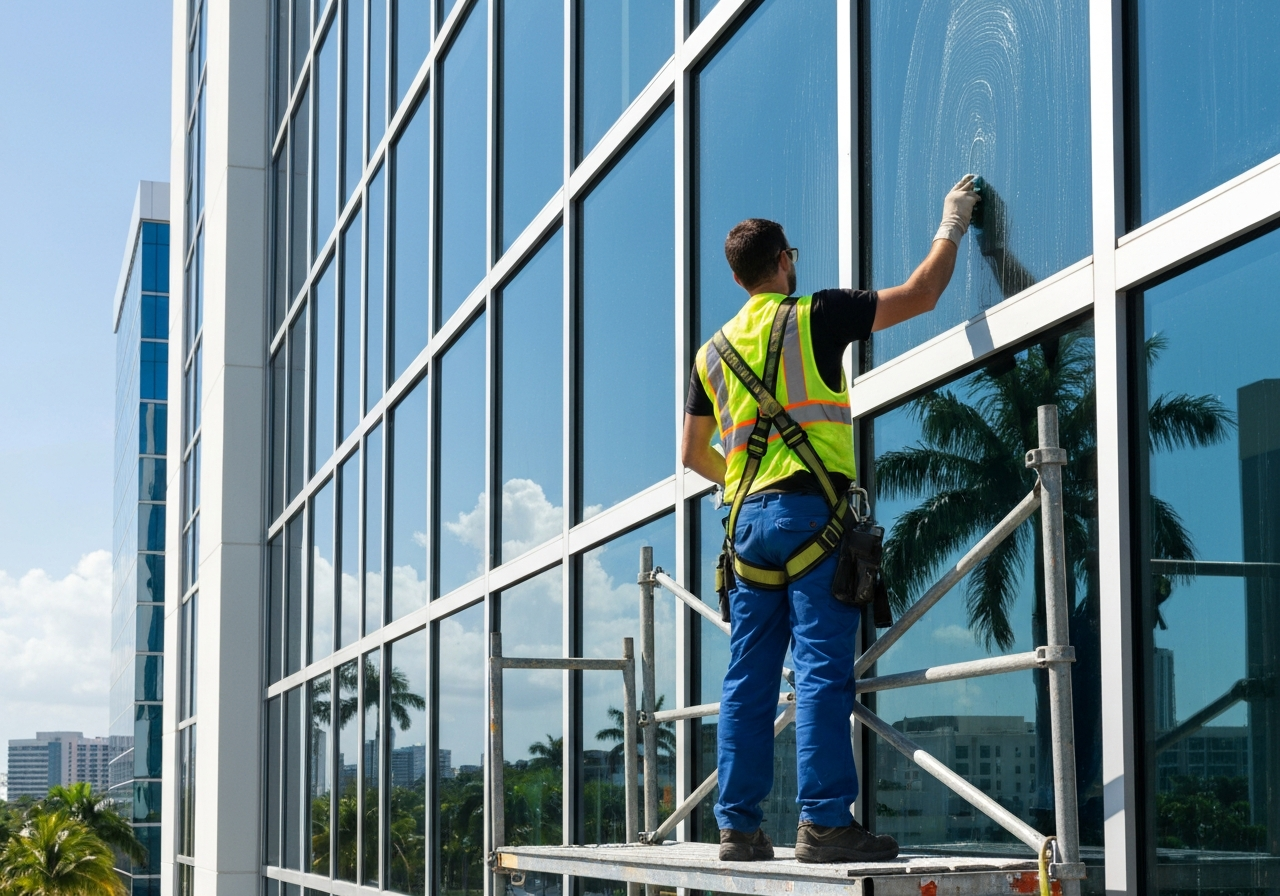 Professional window cleaning technician cleaning commercial building windows in Fort Lauderdale