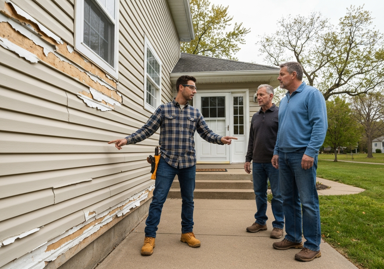 CM Roofing professional discussing hidden exterior issues with homeowners