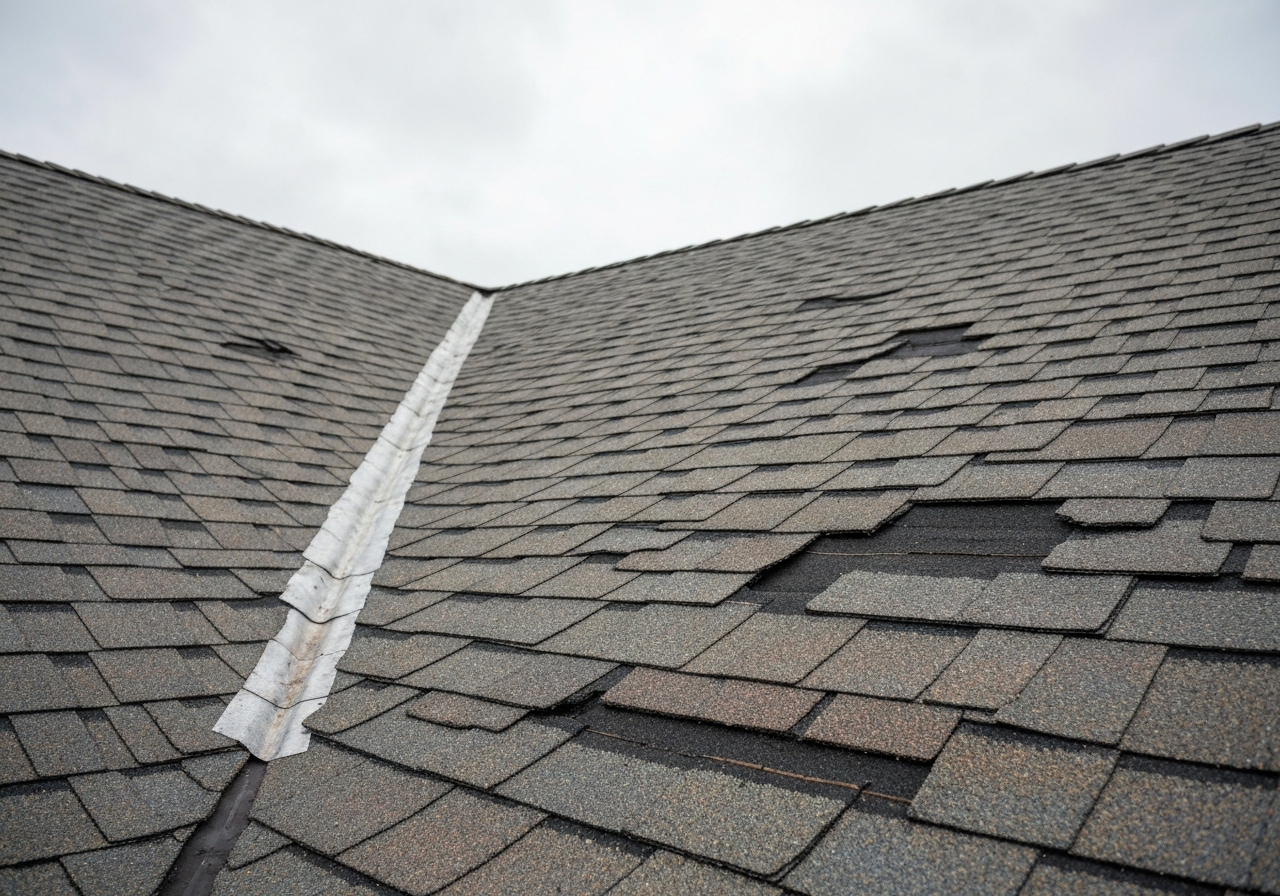 Close-up of an old weathered asphalt roof with visible granule loss
