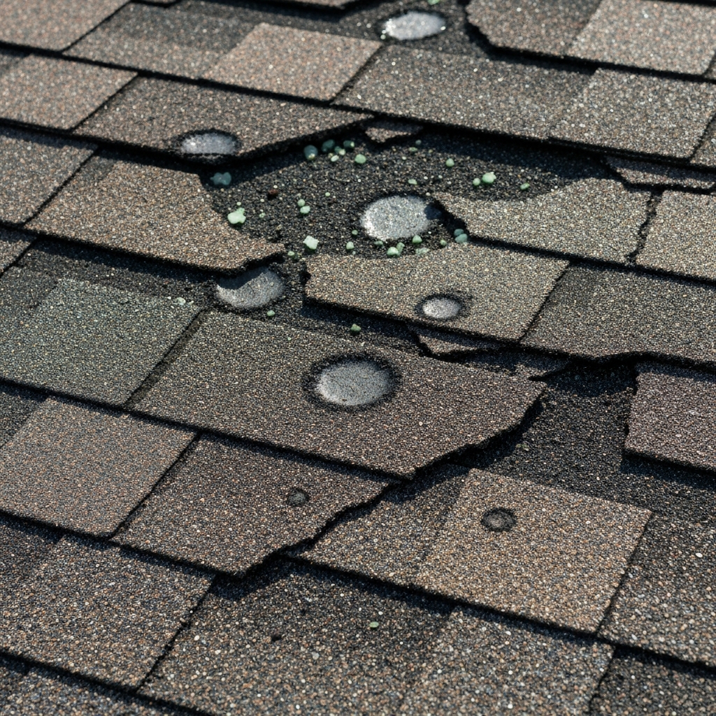 Close-up of hail damage on roof shingles