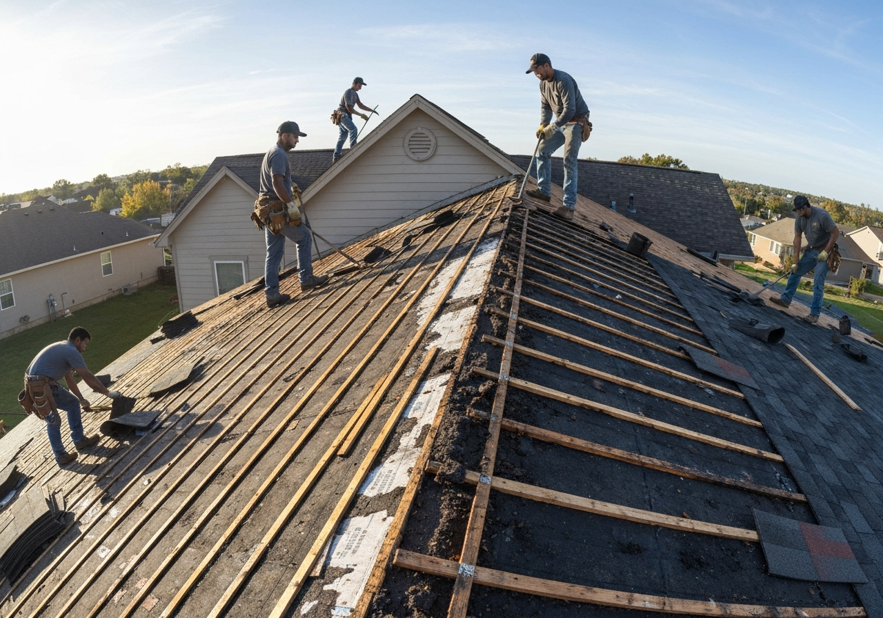 Roof tear-off showing damaged decking and underlayment