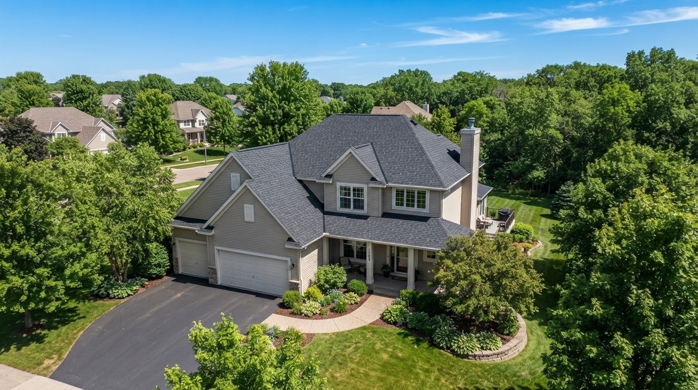 Bright aerial view of a new asphalt shingle roof on a Minnesota-style suburban home