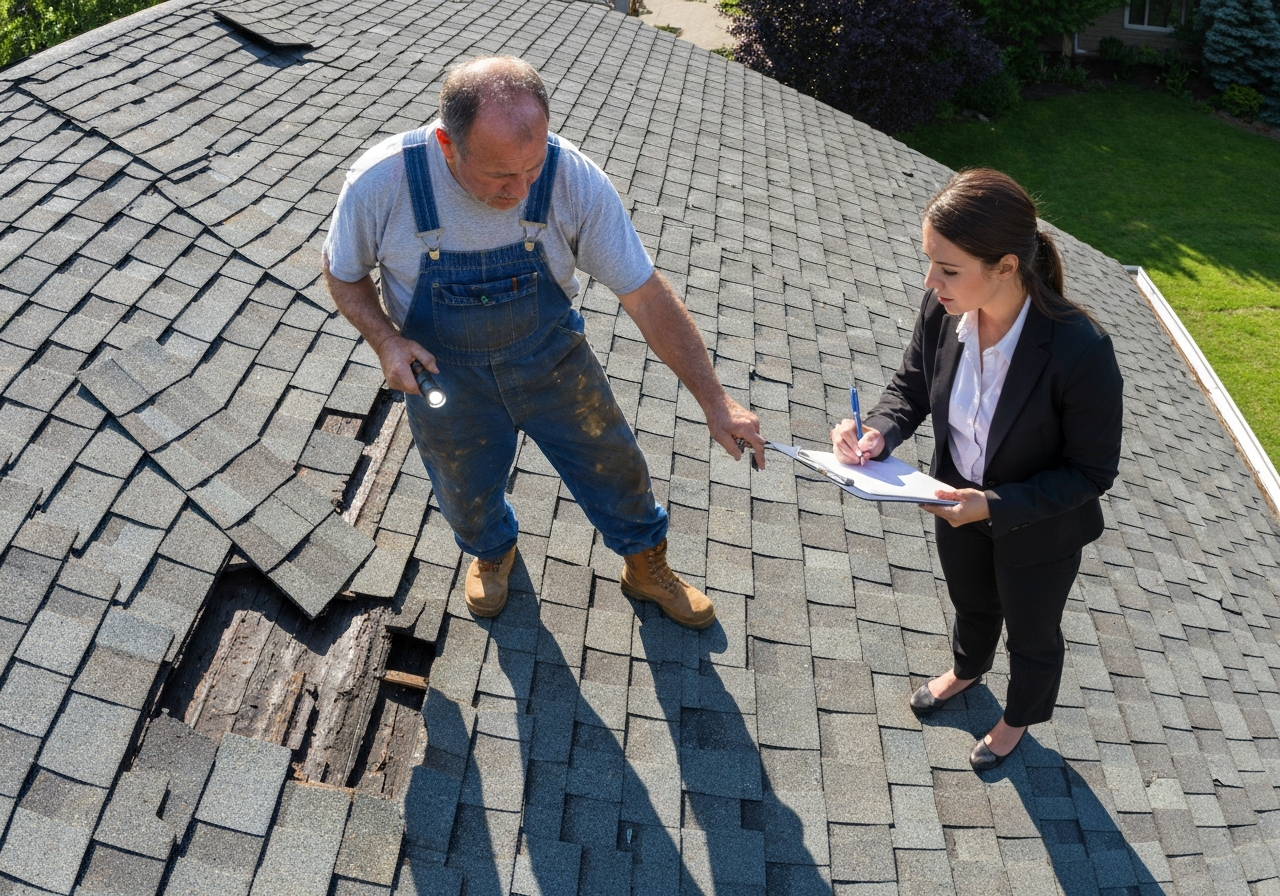 Contractor and adjuster reviewing roof damage