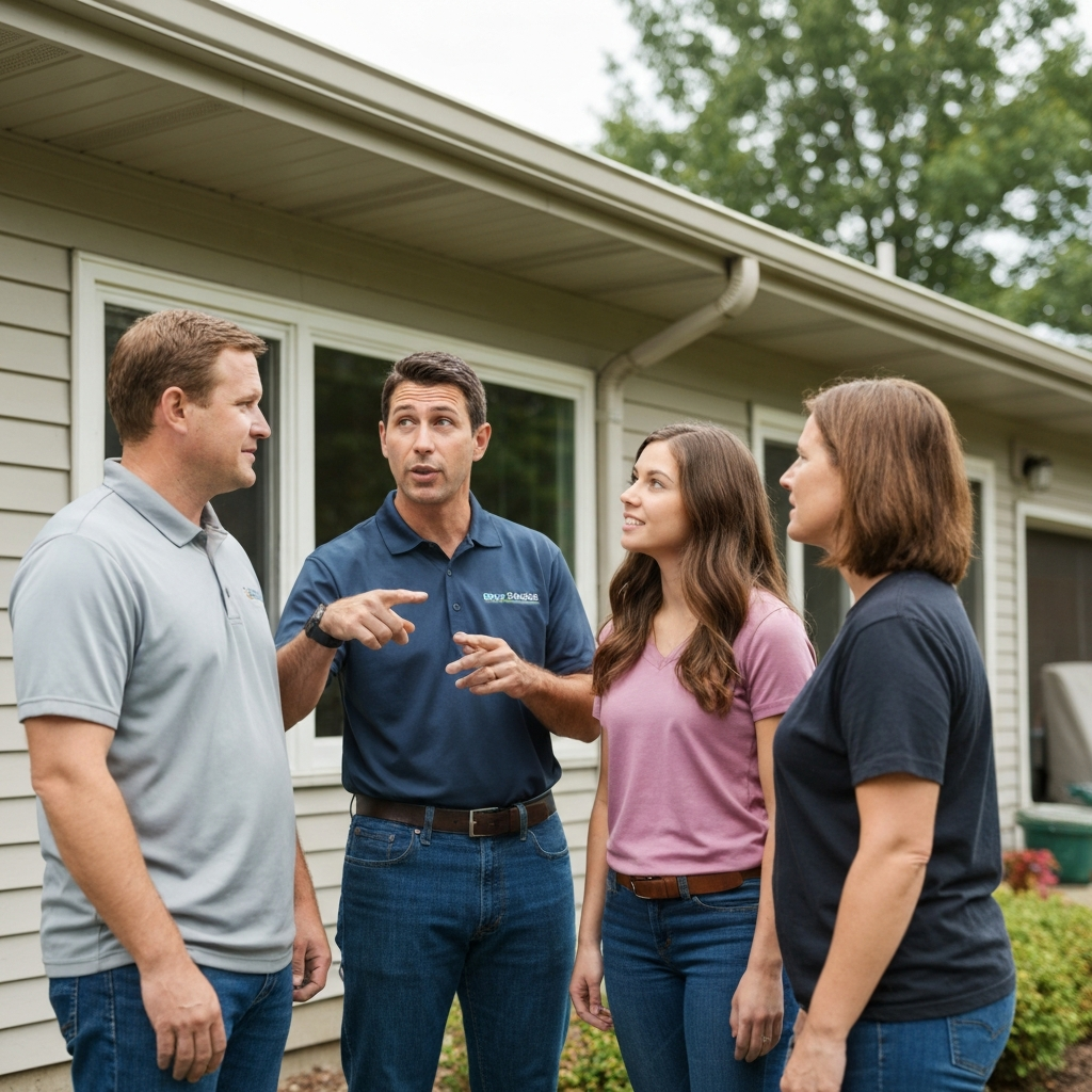 Professional discussing gutter concerns with homeowners
