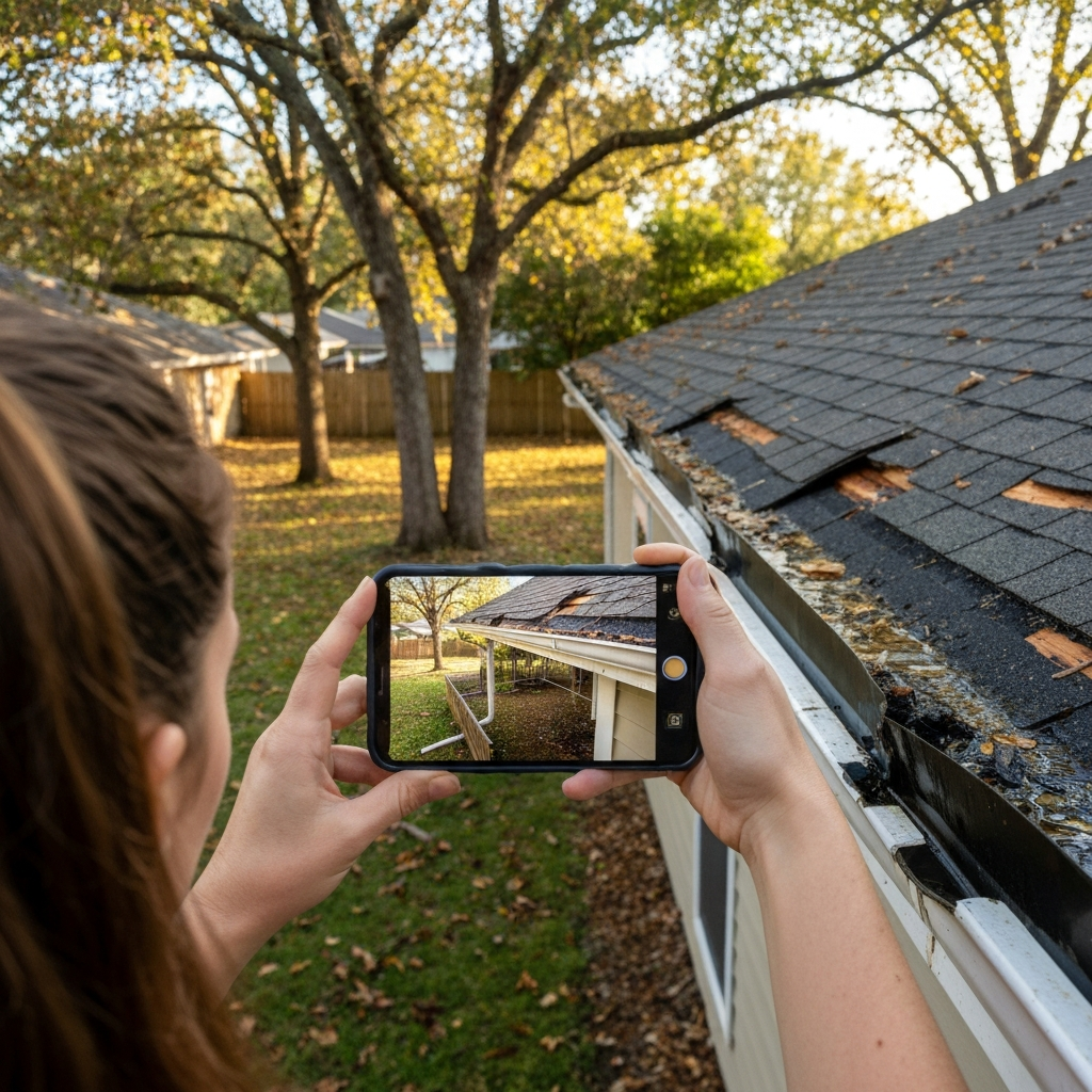 Homeowner documenting roof damage with a smartphone