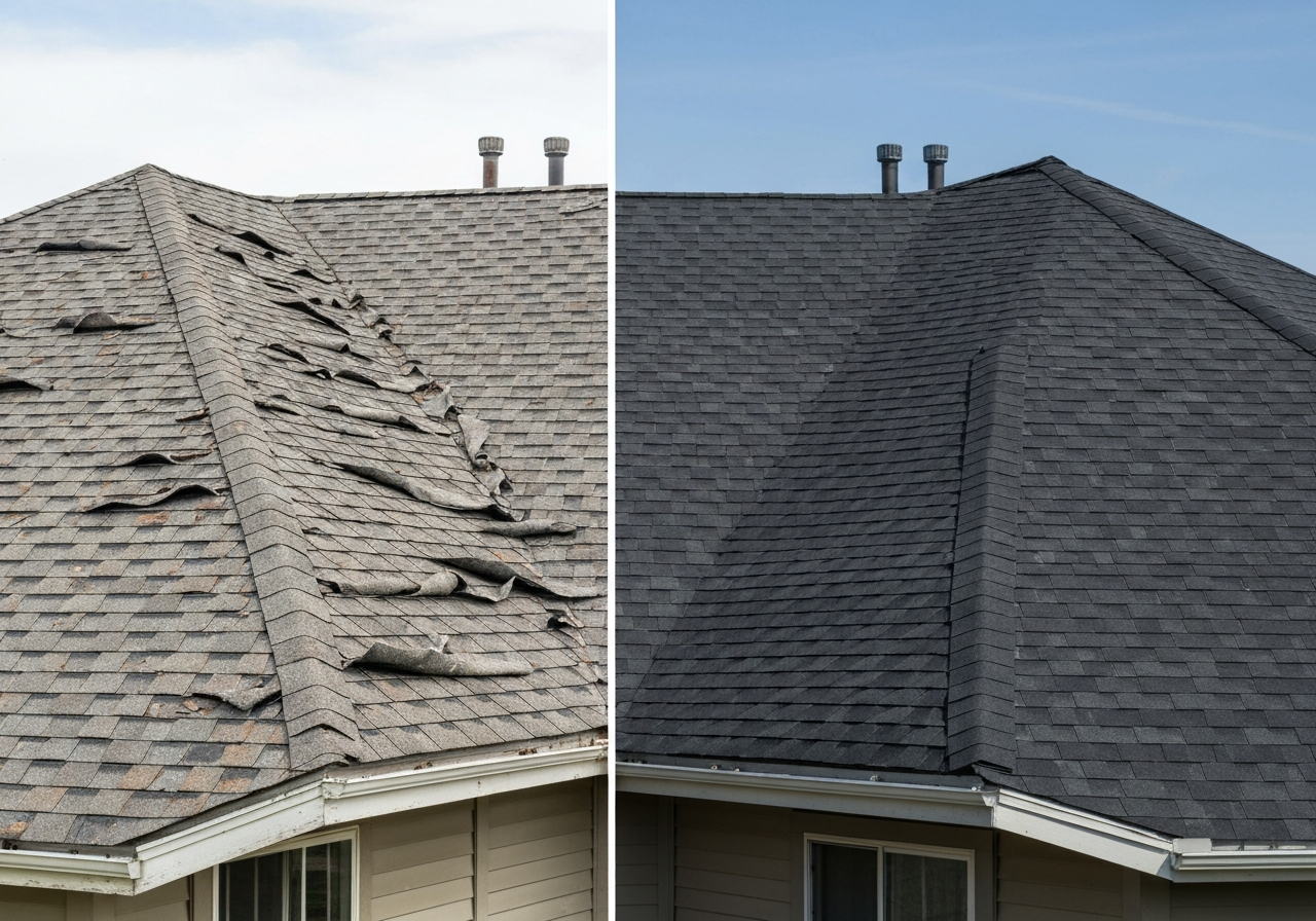 Split image showing an old weathered roof and a new dark charcoal architectural shingle roof