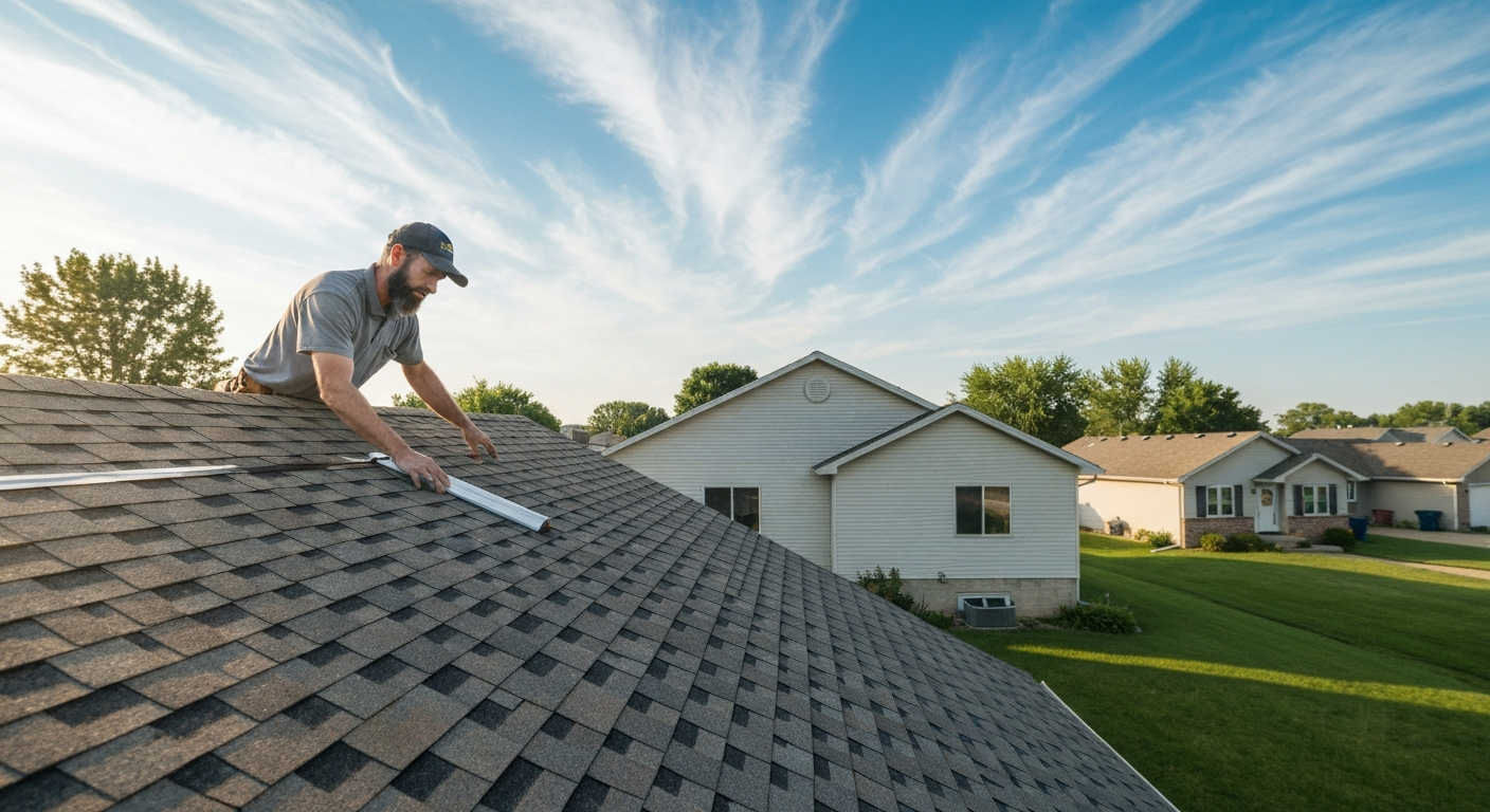 Contractor examining residential roof in summer