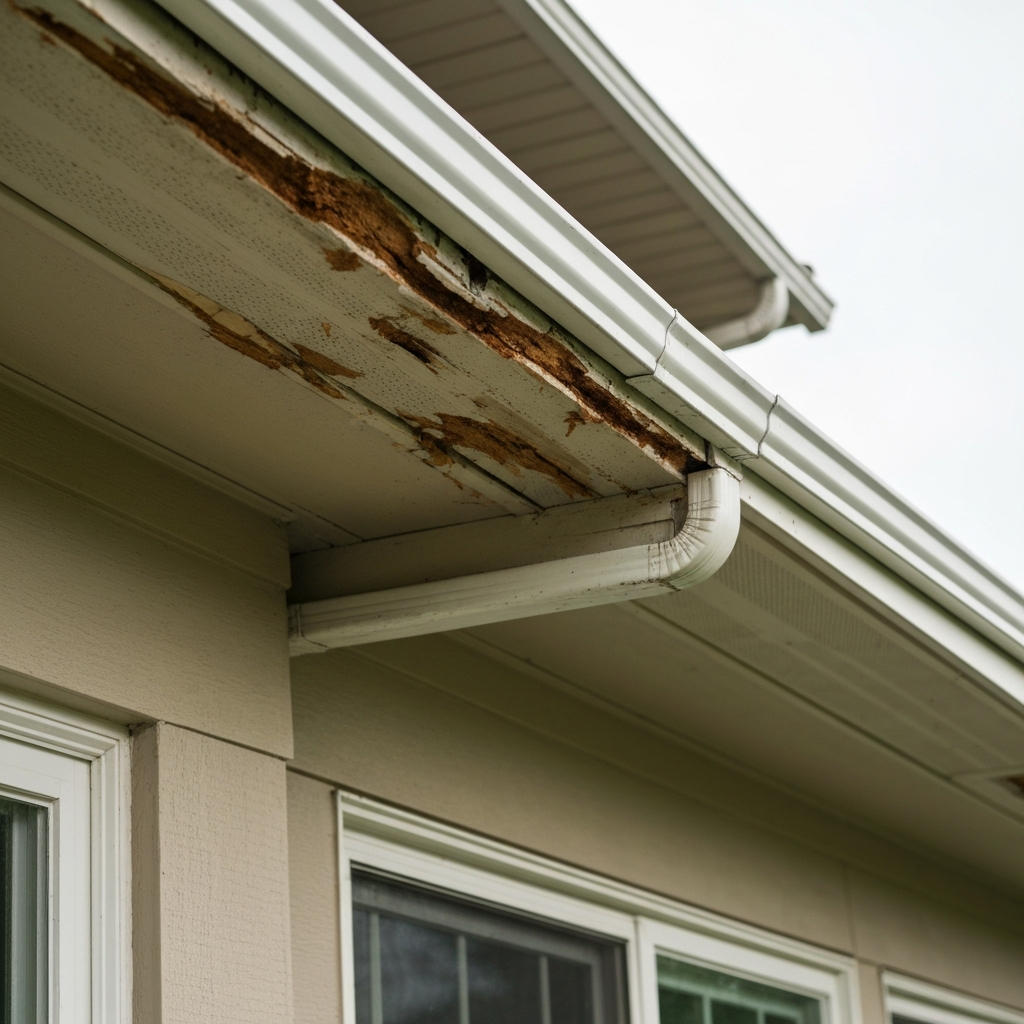 Fascia and soffit moisture damage beneath gutters