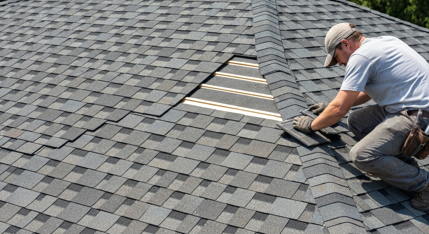 Close up of new architectural shingles being installed
