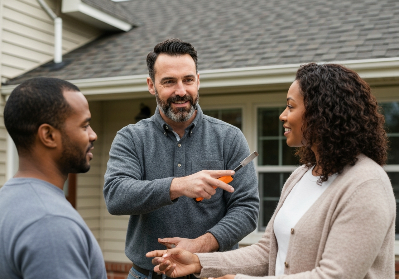 Roofing professional meeting with homeowners outside their home