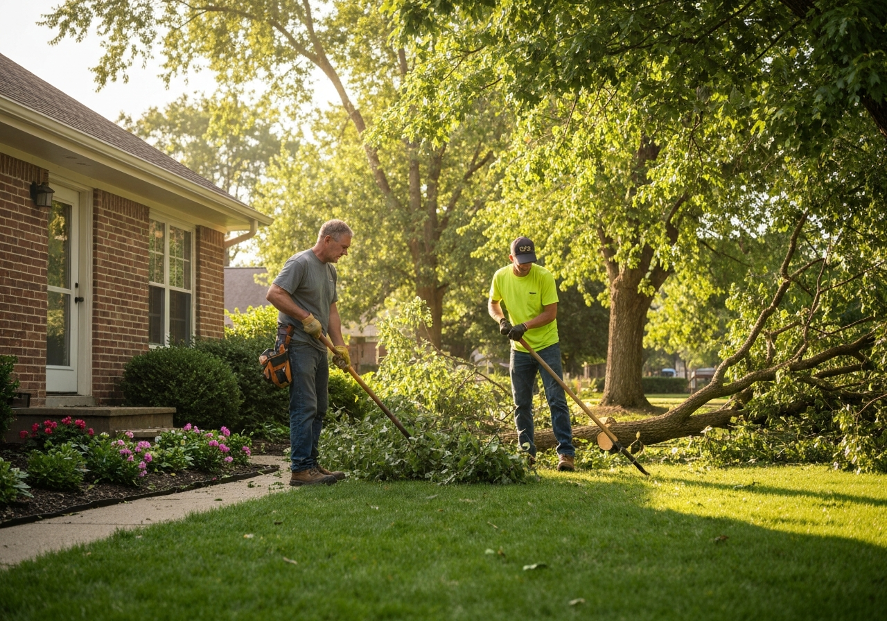 Professional contractor crew removing tree debris from a residential property
