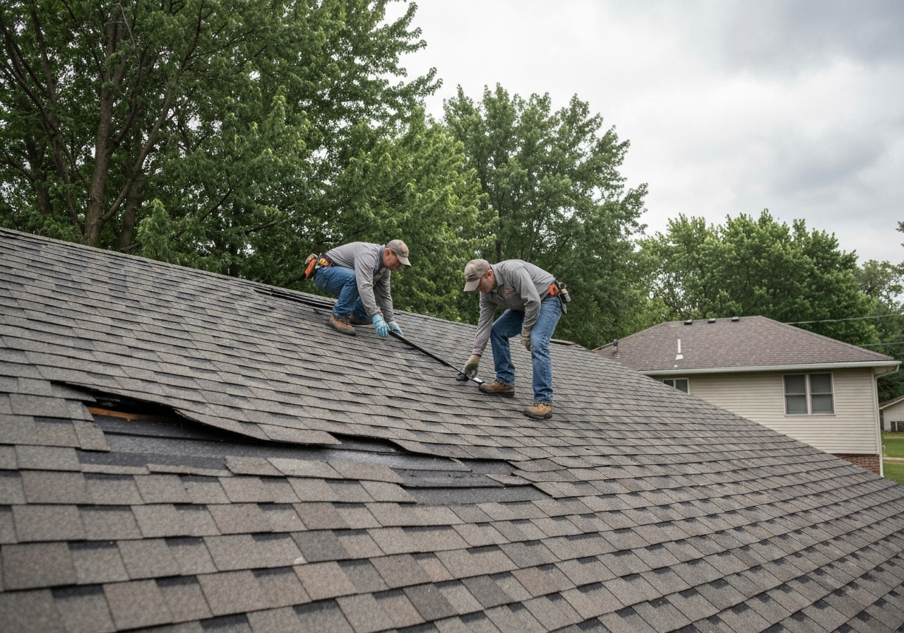 Roofing professional inspecting a residential roof for storm damage