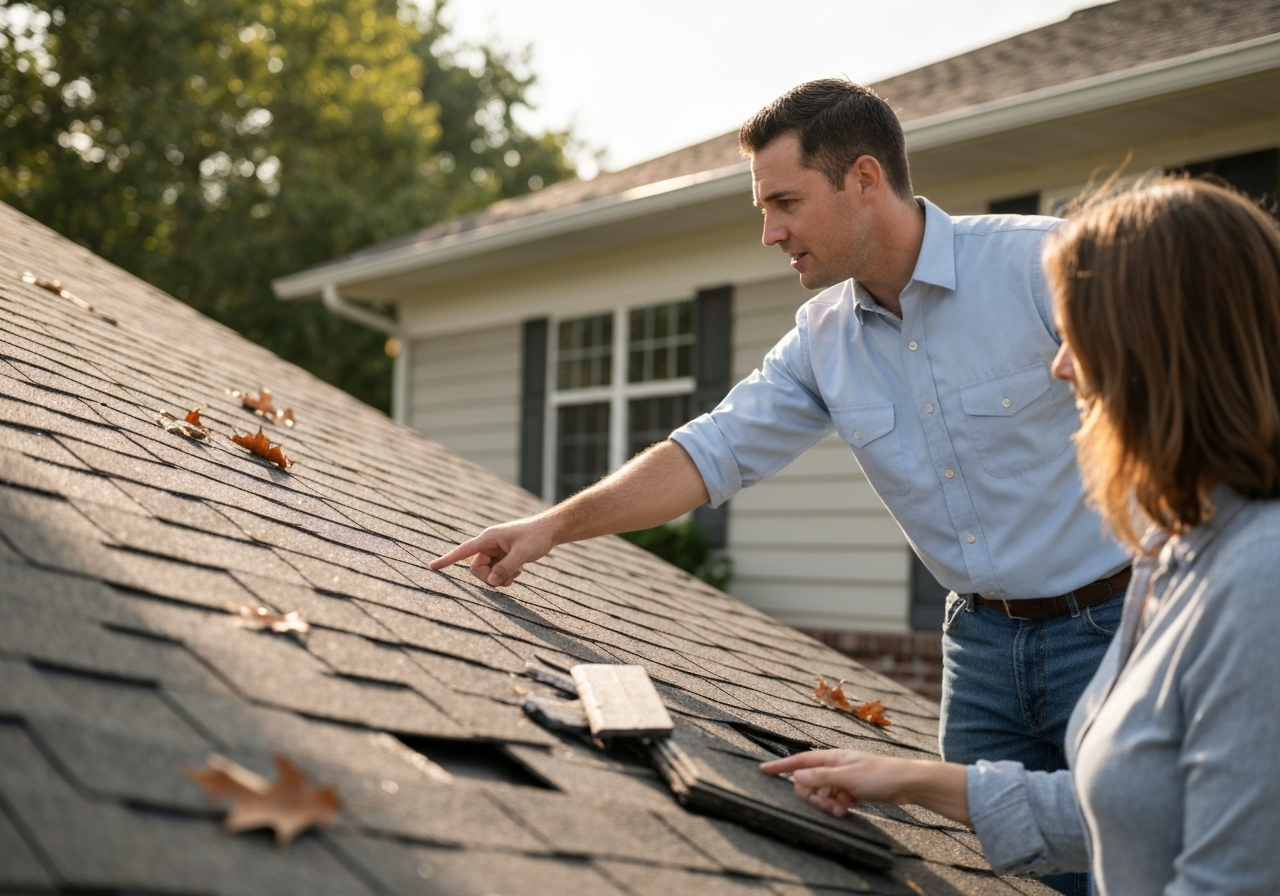 Roofing professional explaining storm damage findings to homeowners