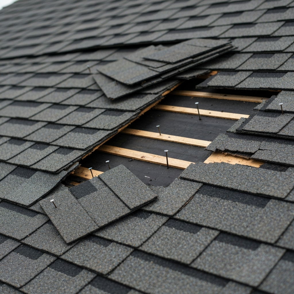 Wind damaged residential roof with lifted shingles