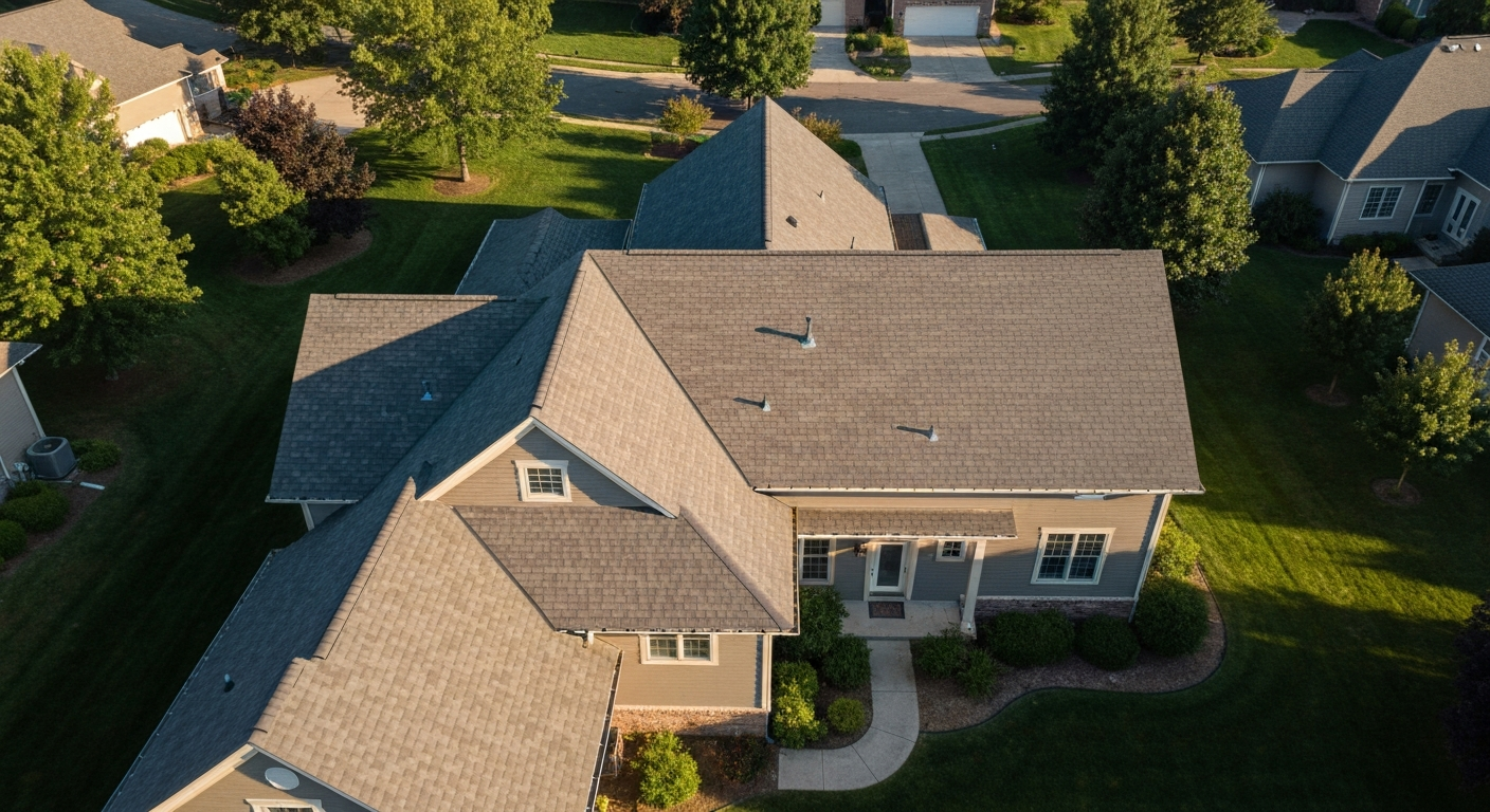 Aerial view of a completed residential roof in Woodbury