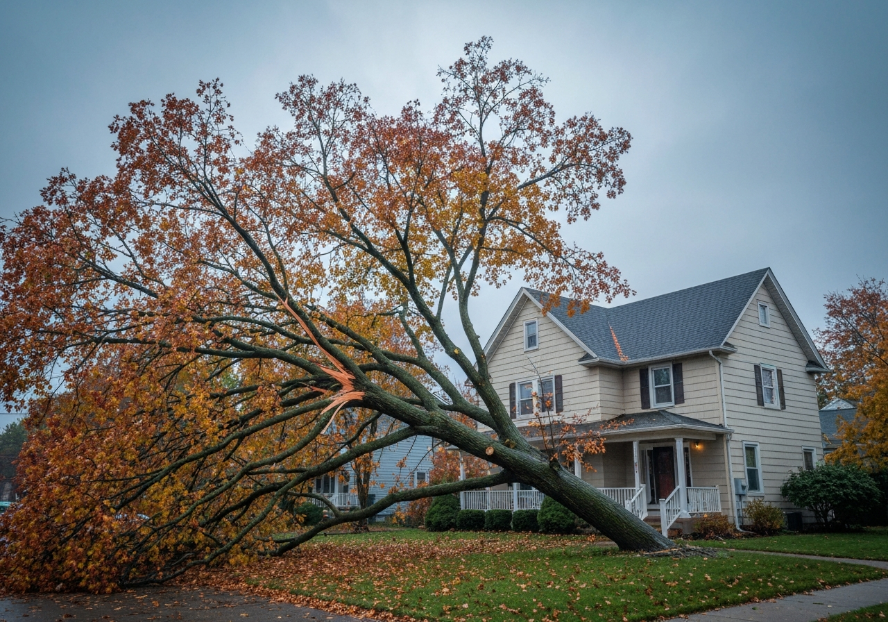 Storm damaged tree leaning dangerously towards a residential house