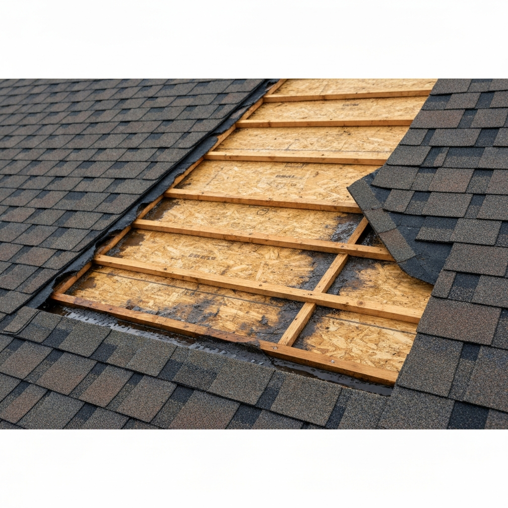 Hidden roof decking and underlayment damage discovered beneath shingles
