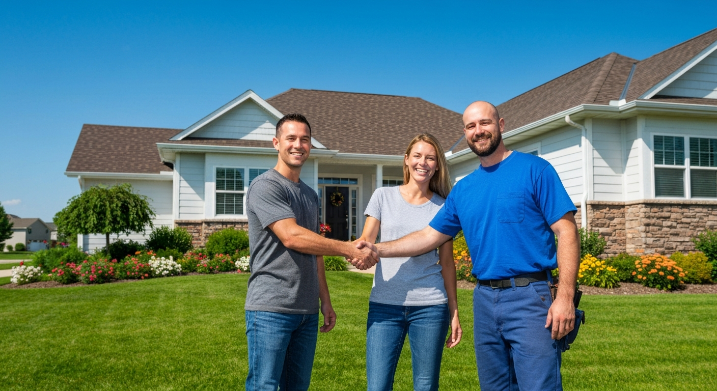 Happy homeowner shaking hands with a roofing contractor