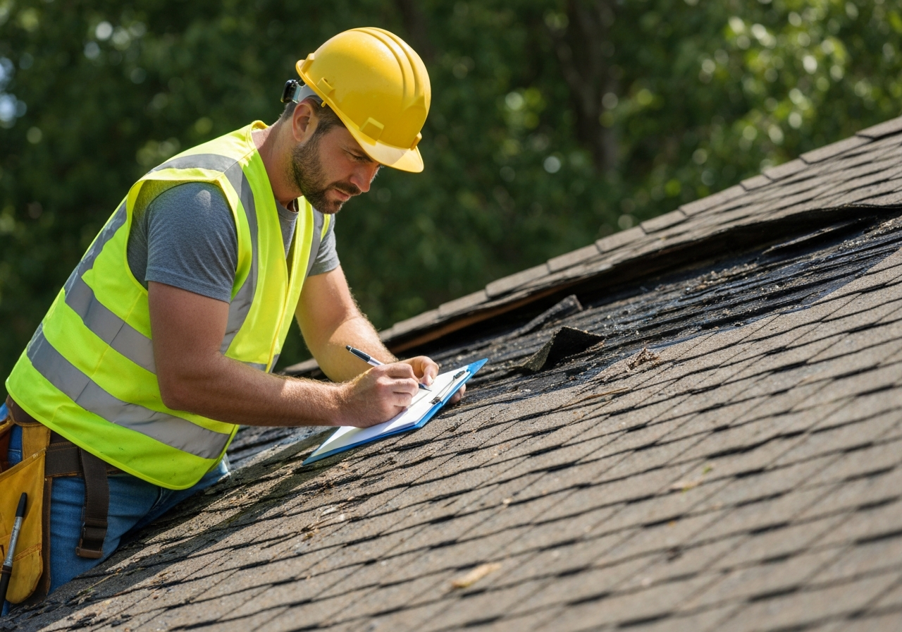 Professional roofing contractor inspecting roof damage