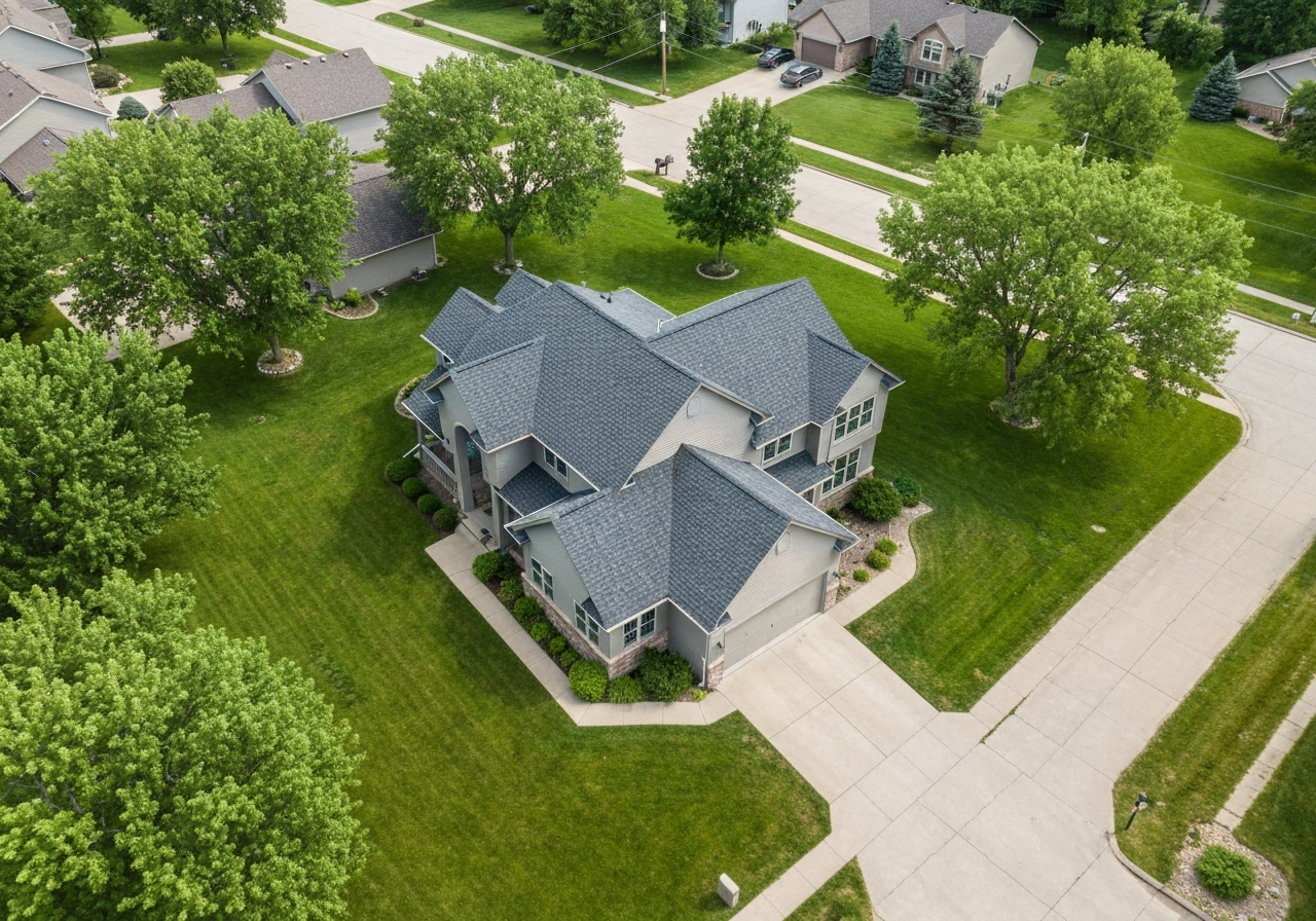Aerial view of a large two-story suburban Minnesota home with a brand new dark gray architectural shingle roof