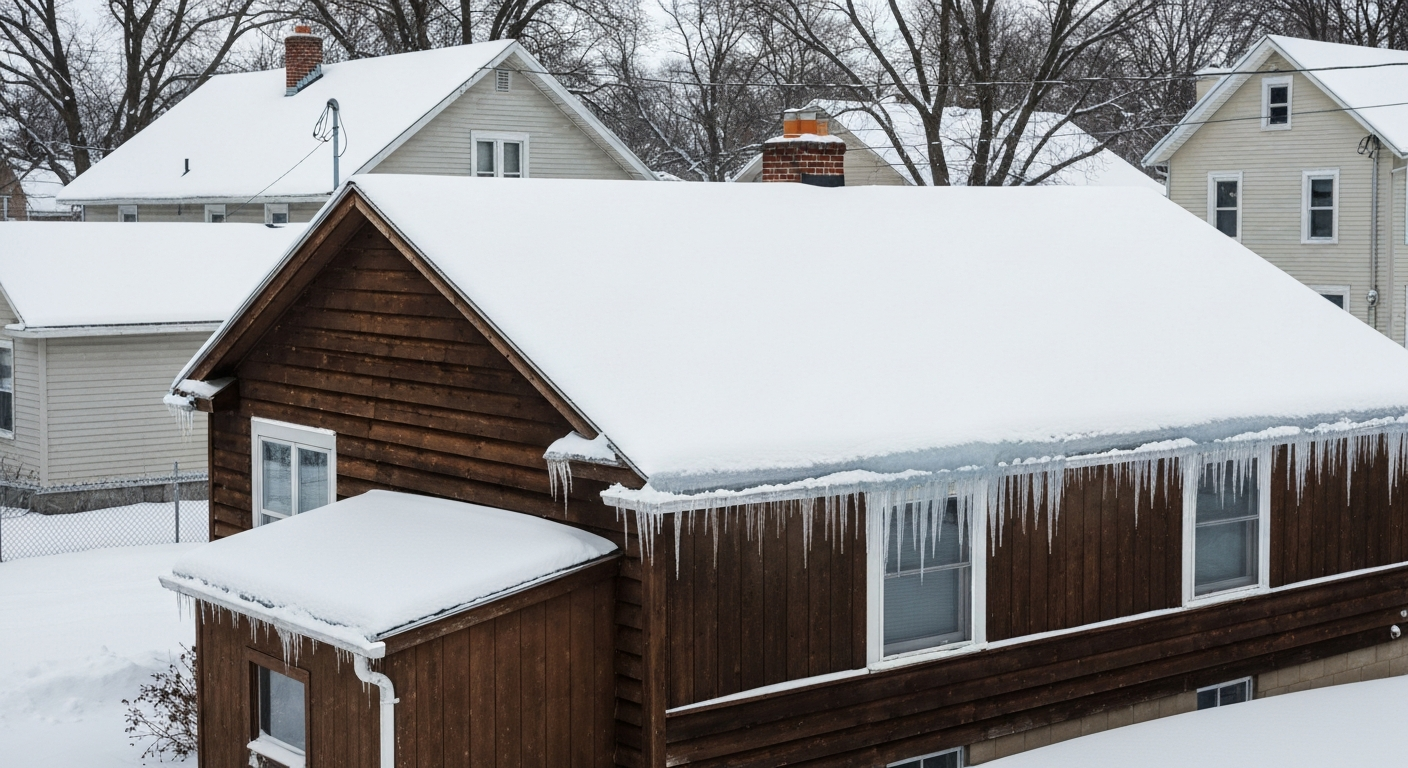 Snow covered roof and ice dams in Minnesota
