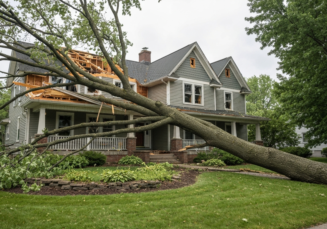 Fallen tree on a Minnesota style house after a severe storm