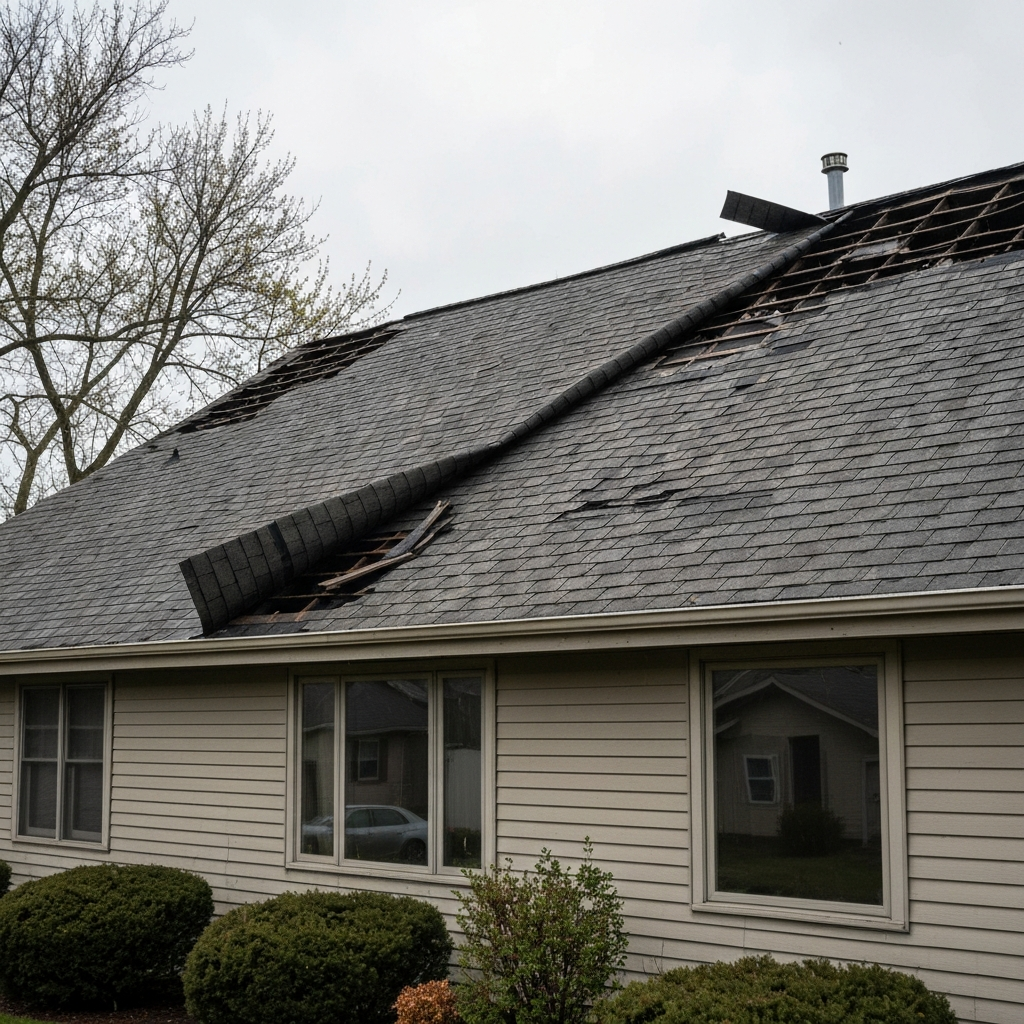 Visible storm damage on a residential roof