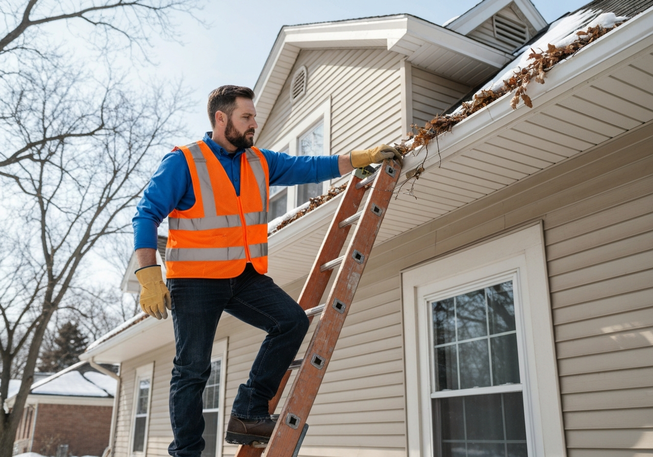 Professional contractor on a ladder cleaning leaves and debris from residential gutters on a Minnesota home