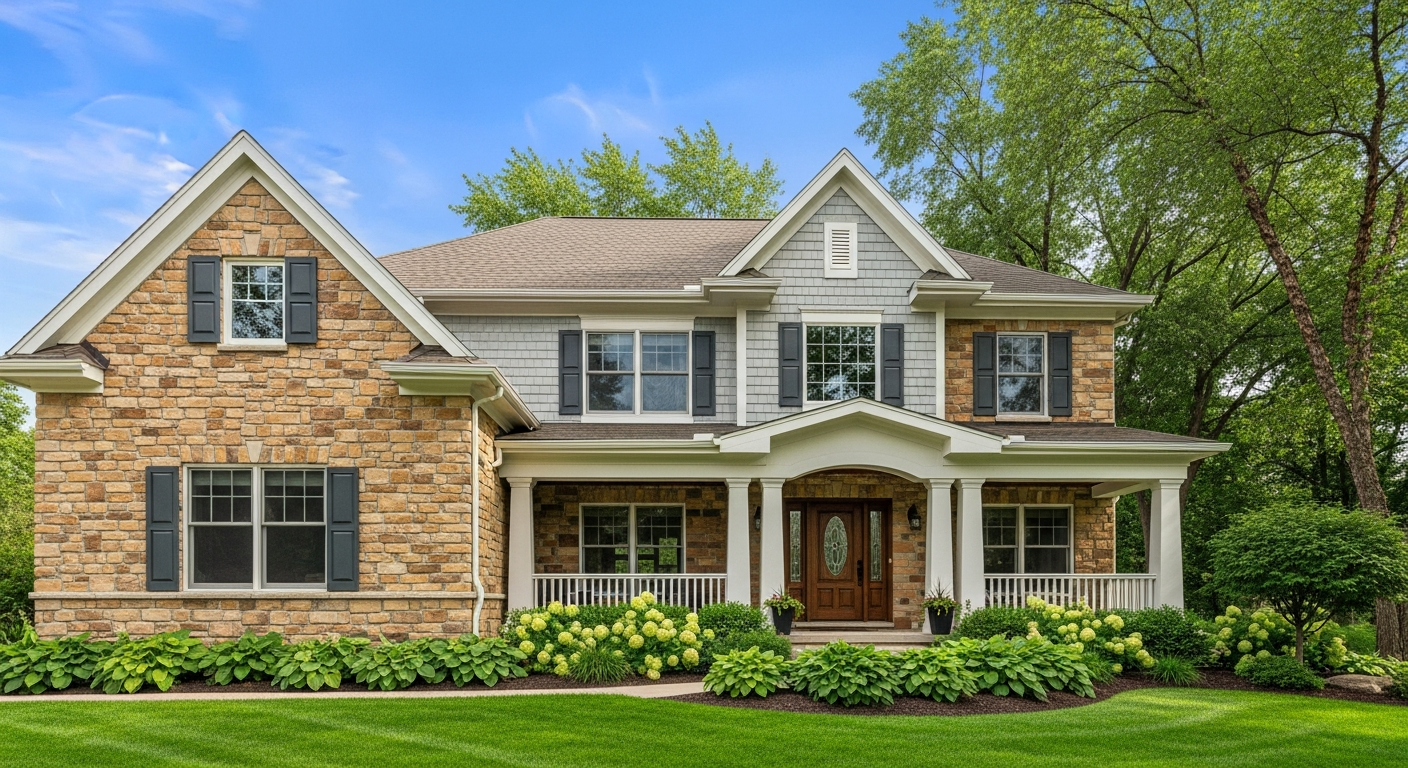 Beautiful Minnesota style residential home exterior with clean gutters and a lush green lawn