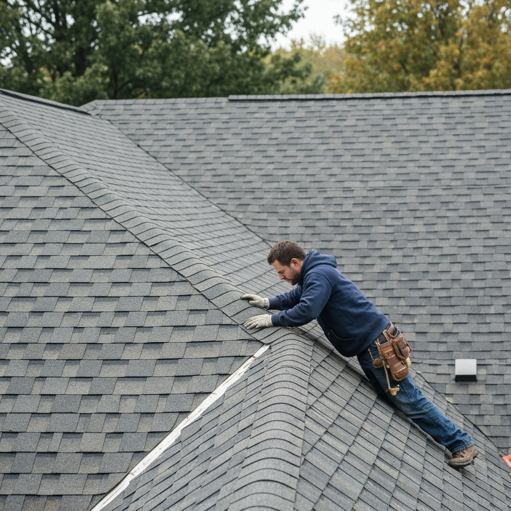 Roofing professional performing final repair work on a residential roof