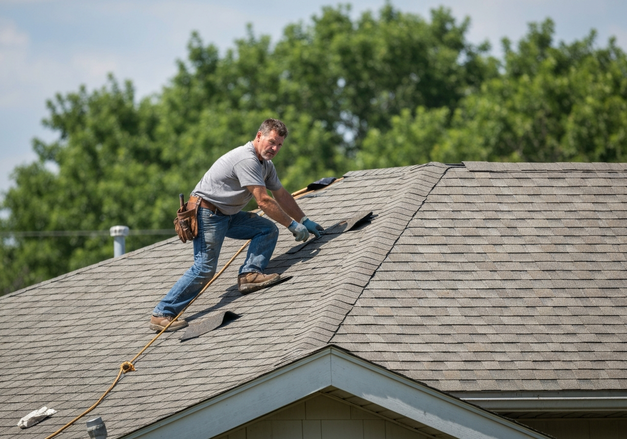 Roofing professional actively repairing a residential roof