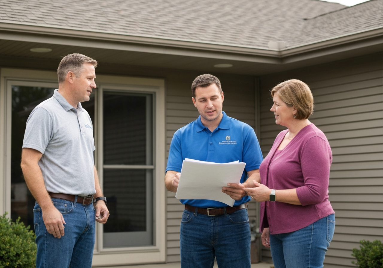 Exterior professional and homeowners reviewing inspection findings outside a Minnesota residential home