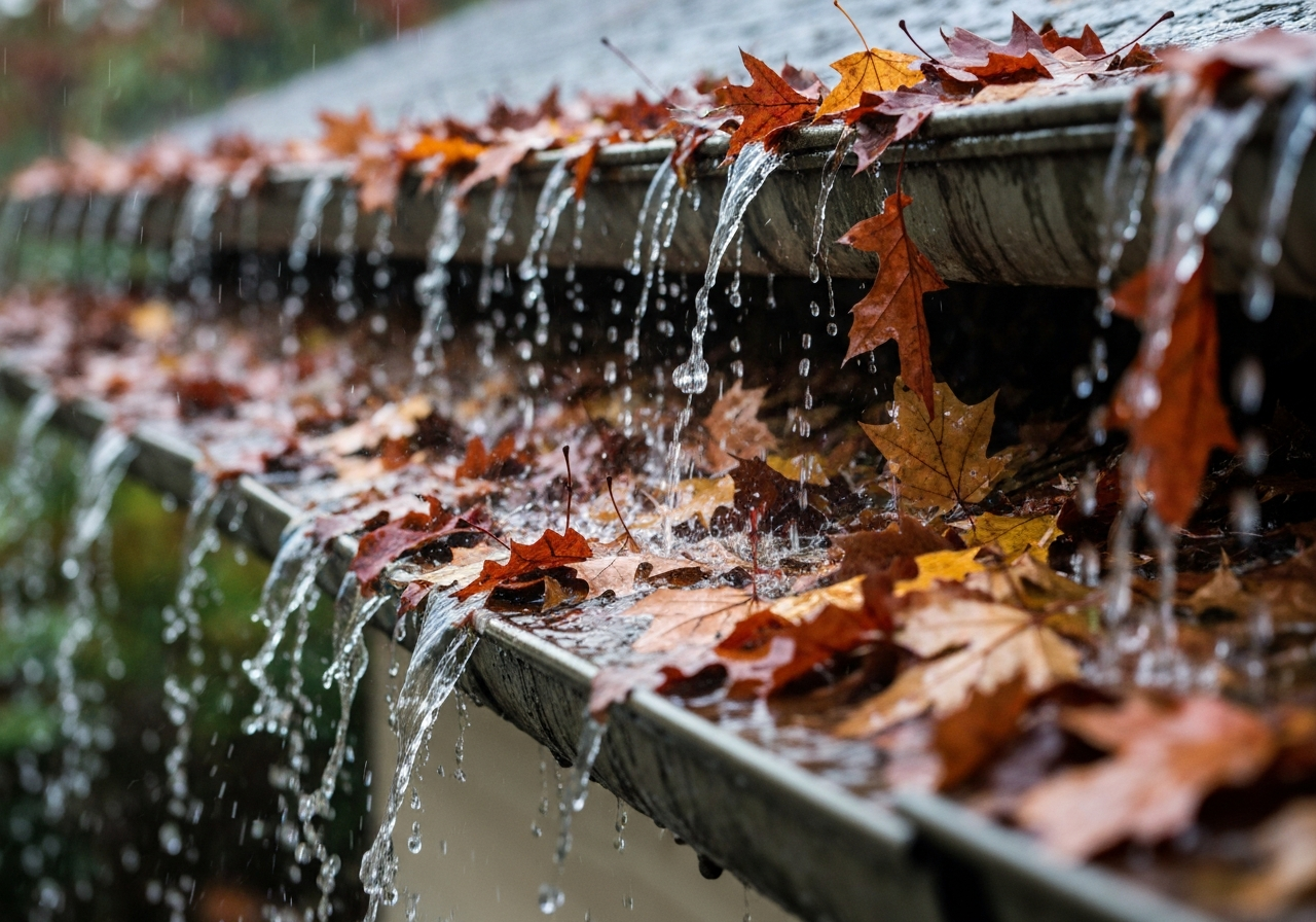 Close up of heavily clogged gutters overflowing with wet autumn oak and maple leaves and debris