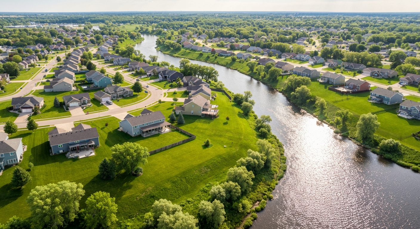 Aerial view of Carver neighborhoods and the Minnesota River