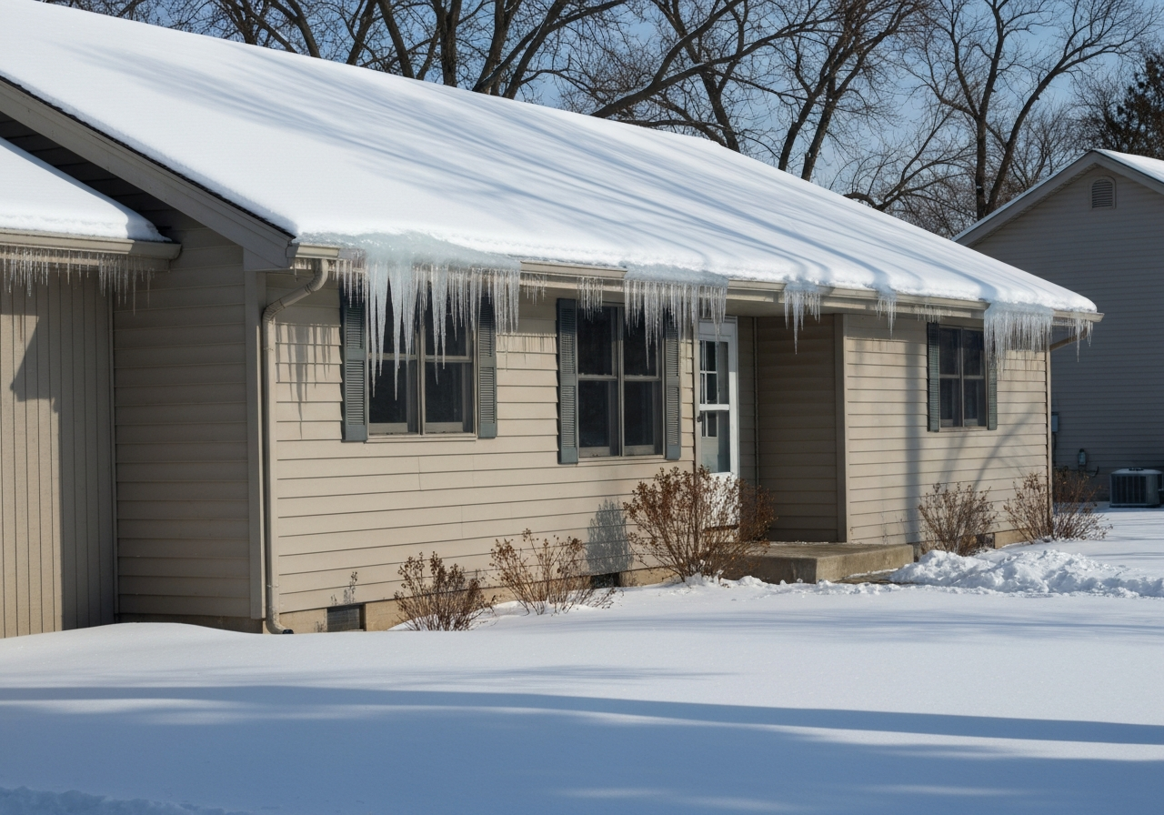 Winter home with large ice dam and icicles on gutters
