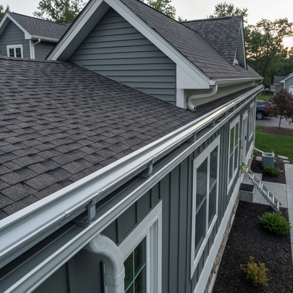 Newly installed seamless gutters with clearly visible gutter guards on a residential home